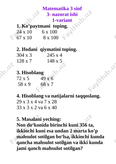 3- nazorat ishi matematika 3 sinf — DOCX