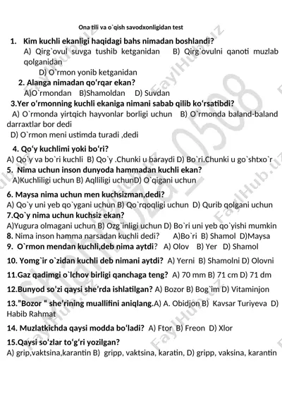 ona tili test tarqatma va karra tarqatma — DOCX
