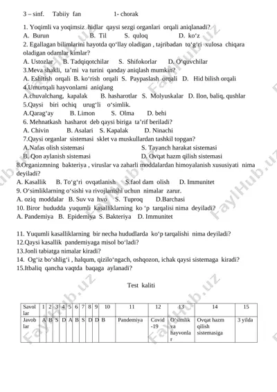 3-sinf test tabiiy fan — DOCX
