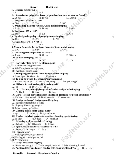 3-sinf blokli test — DOCX