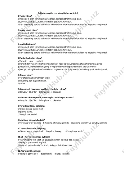 3-sinf tabiat test — DOCX