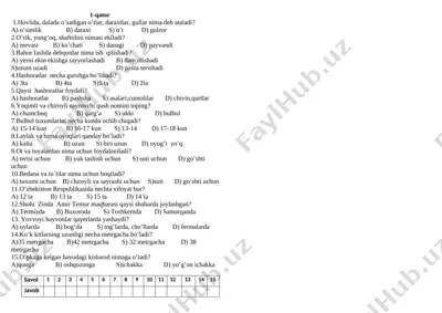 3-sinf tabiat iv chorak test — DOCX