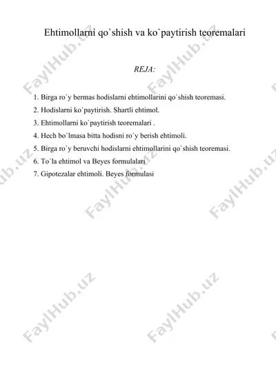 ehtimollarni qo`shish va ko`paytirish teoremalari — DOC