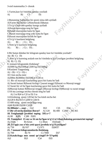 matematika test 3-sinf 4-chorak to'rabekova k — DOCX