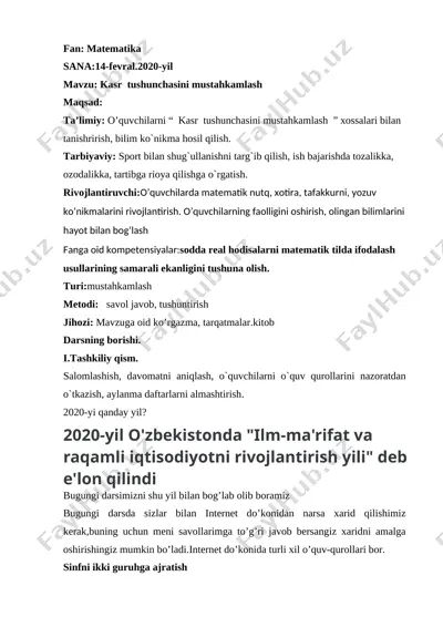 kasr tushunchasi mustahkamlash 2020 — DOCX