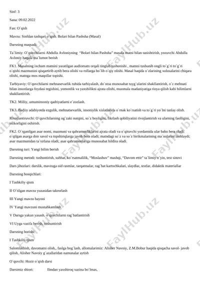 3-sinfda ochiq dars ishlanma — DOCX