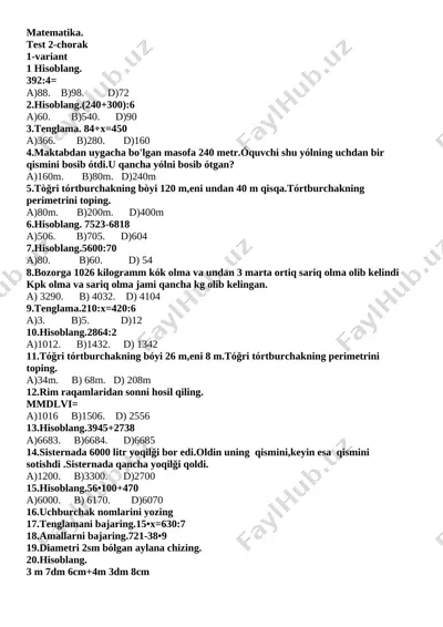matematika test 3-sinf — DOCX
