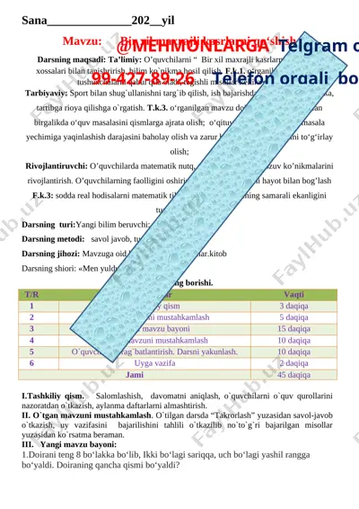 4-chorak 3-sinf matematika konspekt 2021 — DOCX