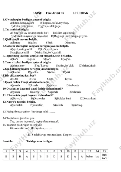 3-sinf 1-2-3-4-chorak test — DOCX