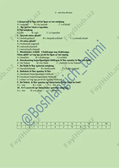 3 - sinf ona tili test — DOCX