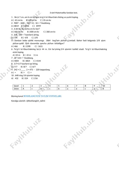 3-sinf matematika test 1 n — DOCX