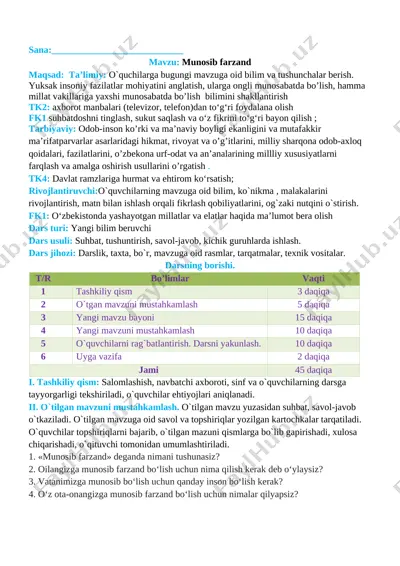 3-sinf tarbiya kanspekti — DOCX