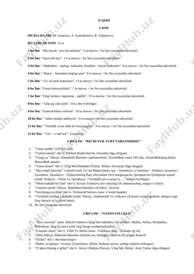 3-sinf o`qish mavzulari, mazmunlari. toyirova ch — DOCX