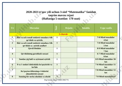 3-sinf matematikai 1-chorak — DOC