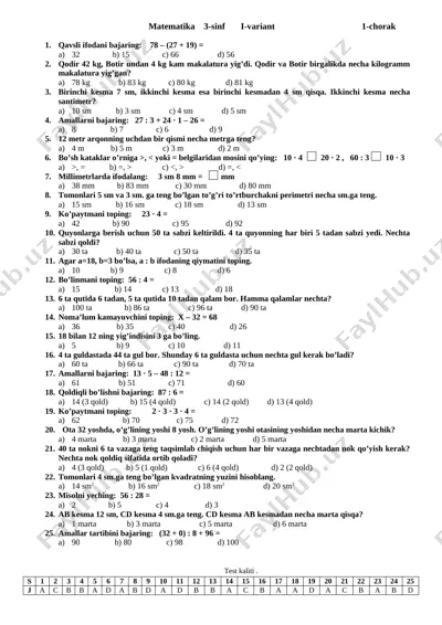 matematika 3-sinf test — DOCX