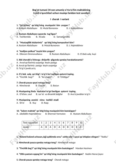 3-sinf uchun musiqa fanidan test savollari — DOCX