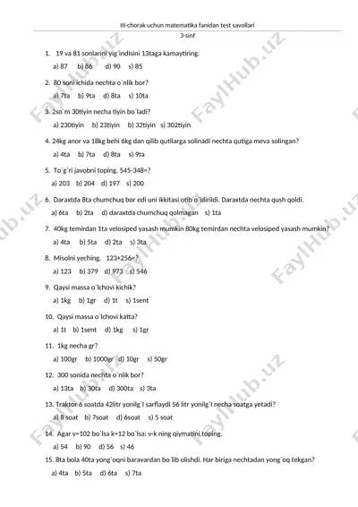 3-sinf 3-chorak matematika — DOCX