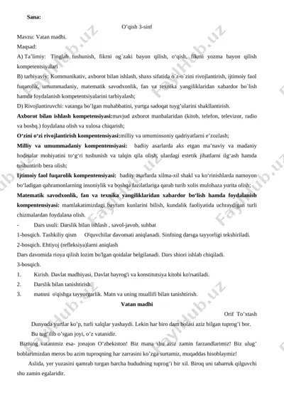 3-sinf o'qish 1-chorak dars ishlanma 2019-2020 (2) — DOCX