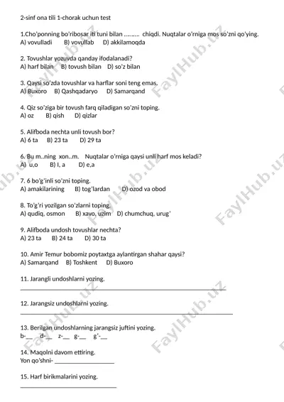 2-sinf ona tili test snn 1-chorak — DOCX