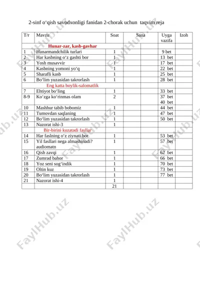 2-sinf 2-chorak reja o'qish savodxonligi — DOCX
