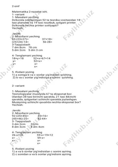 2-sinf matematika 2-nazorat ishi — PDF