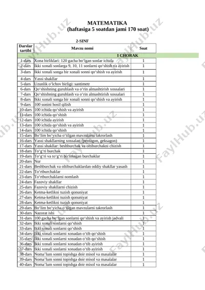 2-sinf taqvimreja matematika — XLSX