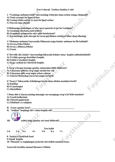 tarbiya fanidan test — DOCX