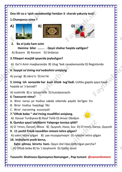3-chorak ona tili va o'qish yakuniy test 2-sinf — PDF