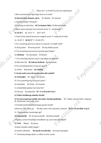 tabiiy fan 7 va 8 bob bo'yicha test topshiriqlari — DOCX