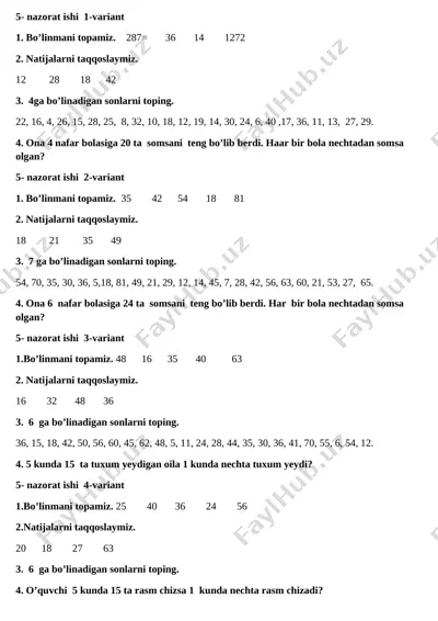 2 sinf 3-chorak 5-nazorat ishi 4 variantli — DOCX