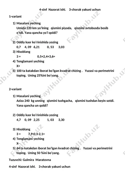 4-sinf nazorat ishi 3-chorak yakuni uchun — DOCX