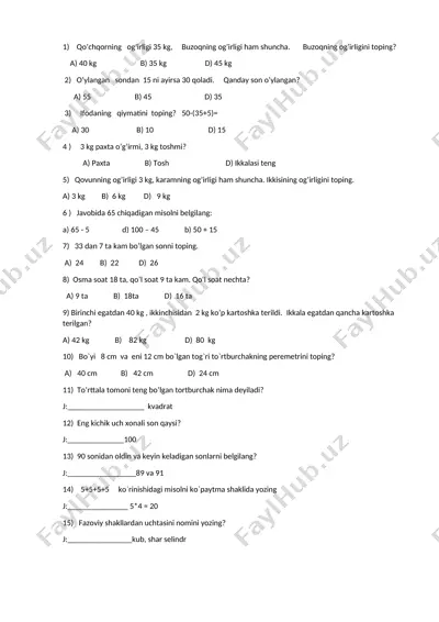 matematika 2-chorak test 2-sinf — DOCX