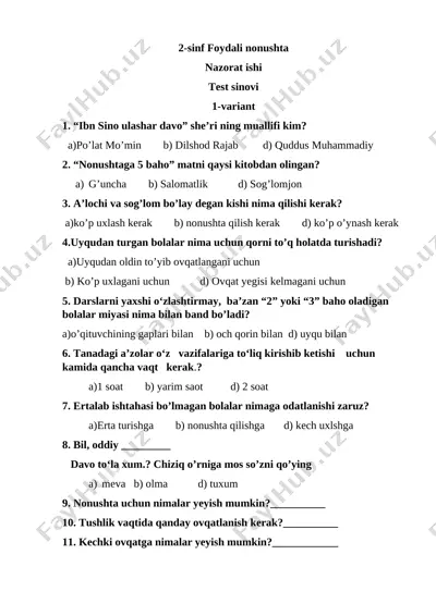 foydali nonushta. test sinovi — DOCX