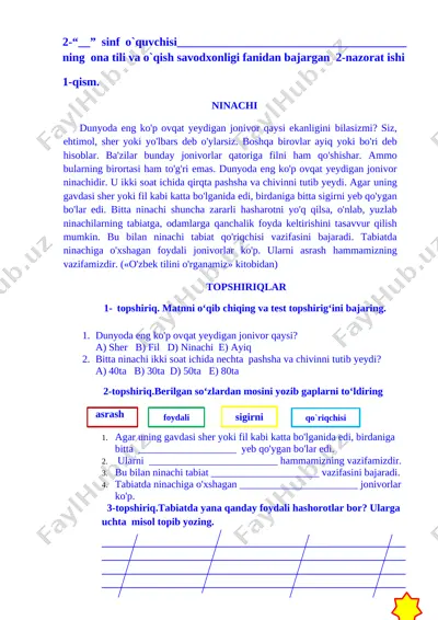 mirkamolova z nazorat ishi 2 ona tili va o`qish sav — DOCX