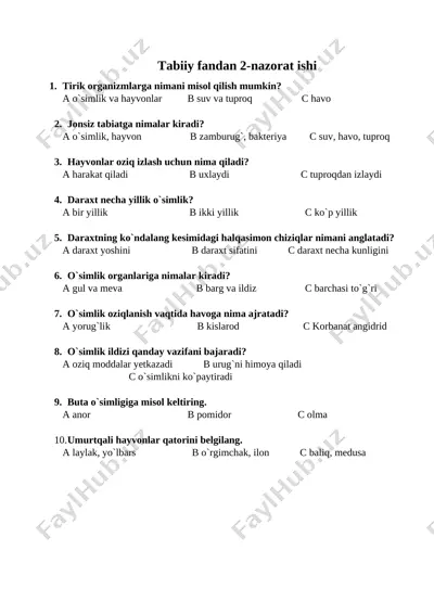 tabiiy fandan nazorat ishi 2 — DOCX