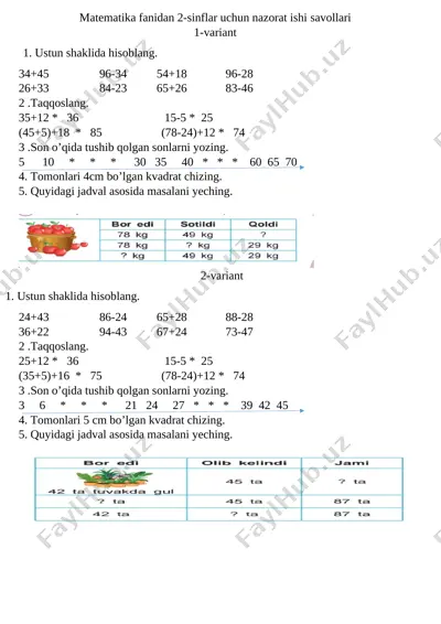 matematika fanidan 2-sinflar uchun 1-chorak nazorat ishi — DOCX