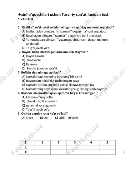 4-sinf uchun ichki nazorat testlari — DOCX