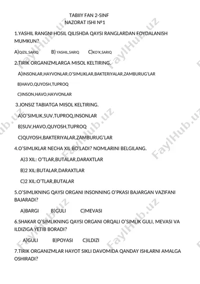 tabiiy fan test — DOCX