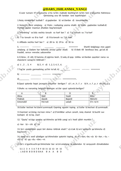 4-sinf ona tili 15 ta ochiq test (javoblari bilan)+ — DOCX