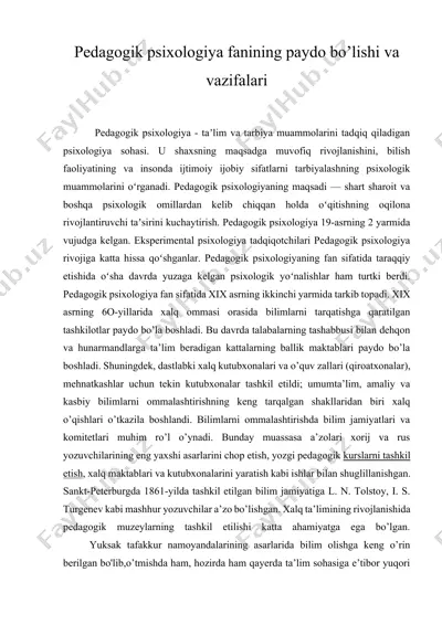 pedagogik psixologiya fanining paydo bo’lishi va vazifalari — DOCX