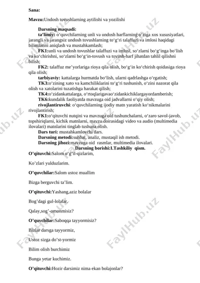 undosh tovushlarning aytilishi va yozilishi 4-sinf 2018 — DOCX