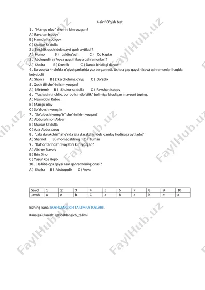 4-sinf o'qish test 1 n — DOCX