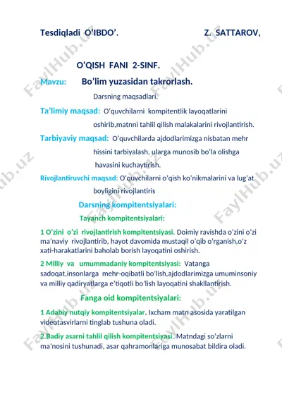 o'qish 2-sinf ochiq dars — DOCX