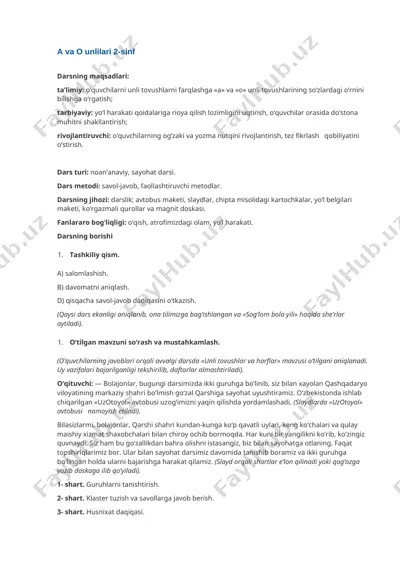 a va o unlilari 2-sinf — DOCX