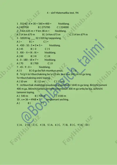 4 – sinf matematika test. yn — DOCX
