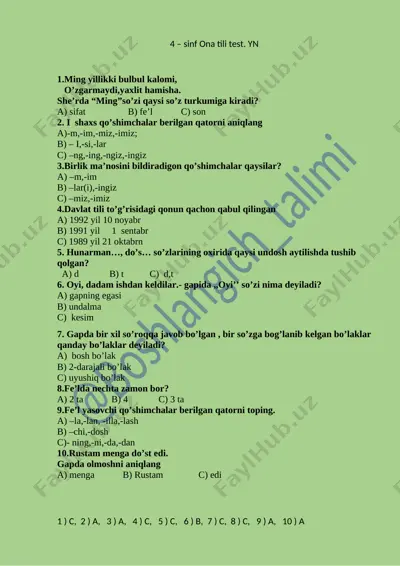 4 – sinf ona tili test. yn — DOCX