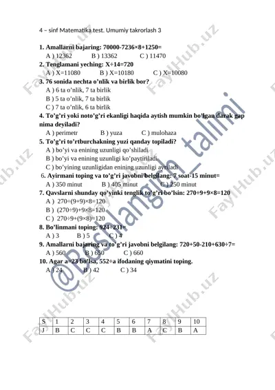 4 - sinf matematika takrorlash 3. — DOCX