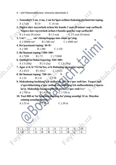 4 - sinf matematika takrorlash 2. — DOCX