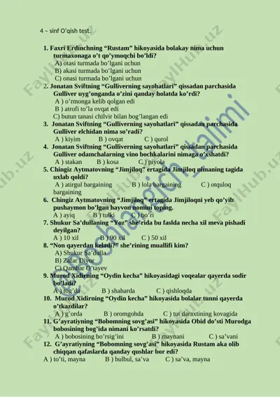 4 - sinf o'qish test. yn — DOCX