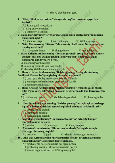 4 -sinf o'qish test — DOCX